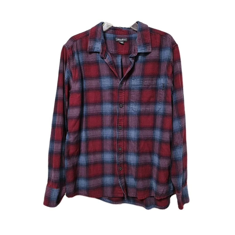 Eddie Bauer Flannel Shirt Mens XL Red Blue Plaid Long Sleeve Button Down Cotton